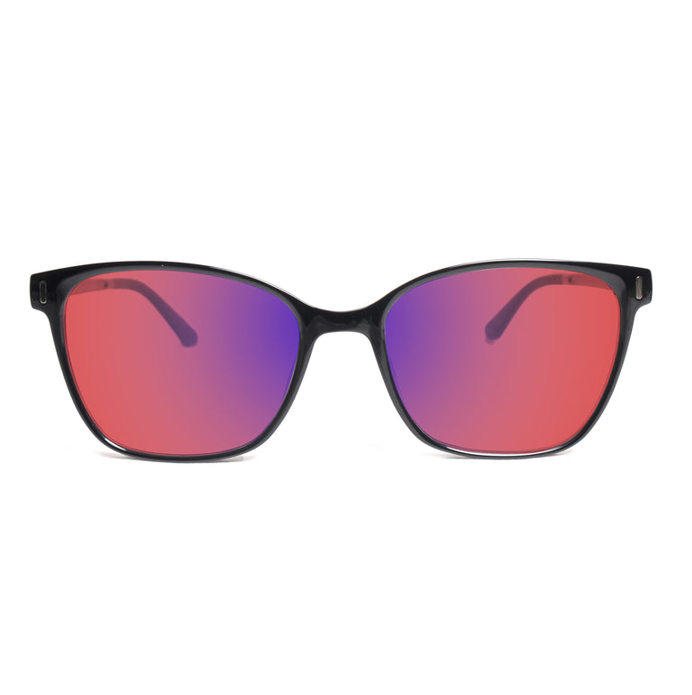 Front View of Sleepaxa Clarte FL41 Migraine & Light Sensitivity glasses with Cat Eye Shape Black frame, rose-tinted lenses, and high-quality tr90 temples for optimal comfort and durability