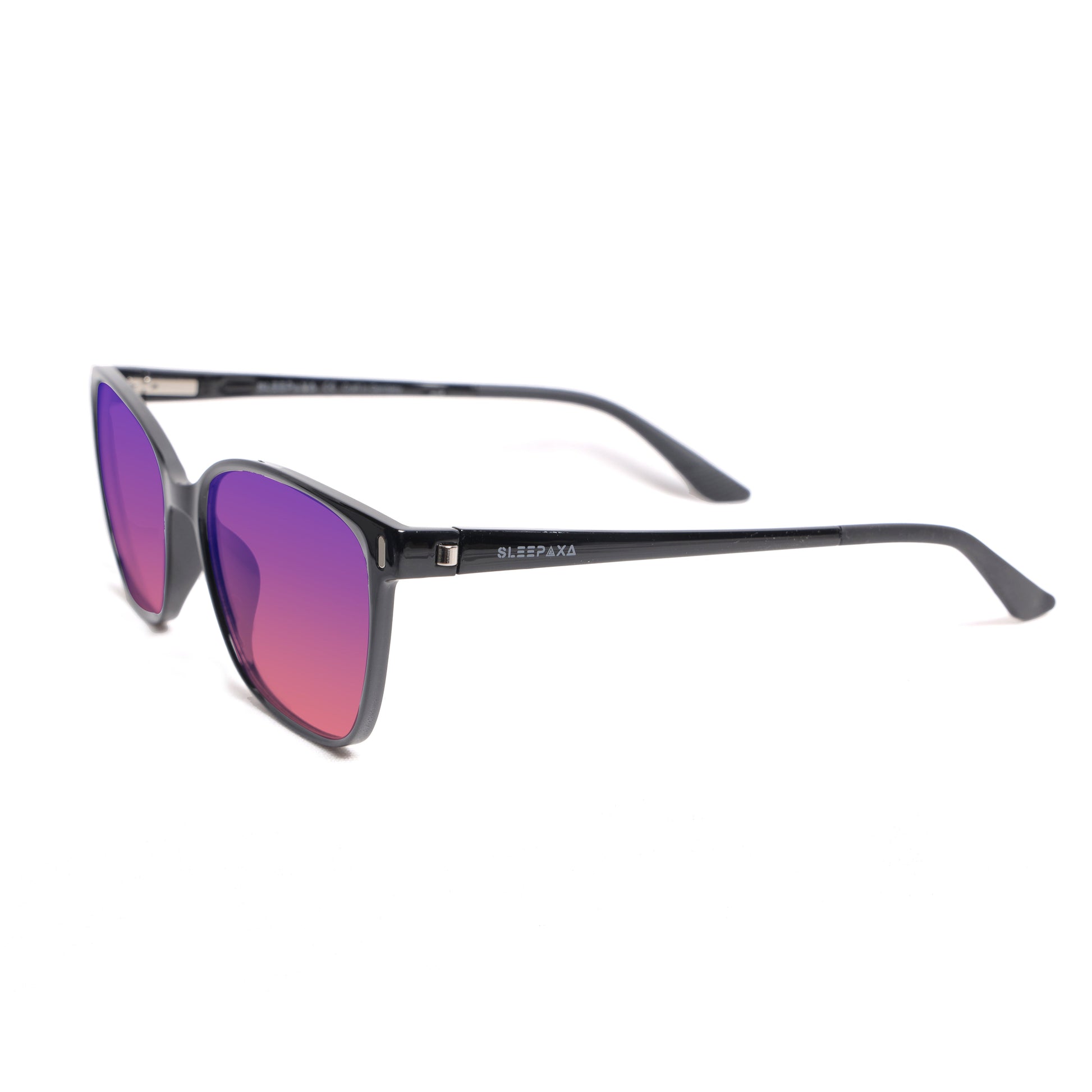 Side View of Sleepaxa Clarte FL41 Migraine & Light Sensitivity glasses with Cat Eye Shape Black frame, rose-tinted lenses, and high-quality tr90 temples for optimal comfort and durability