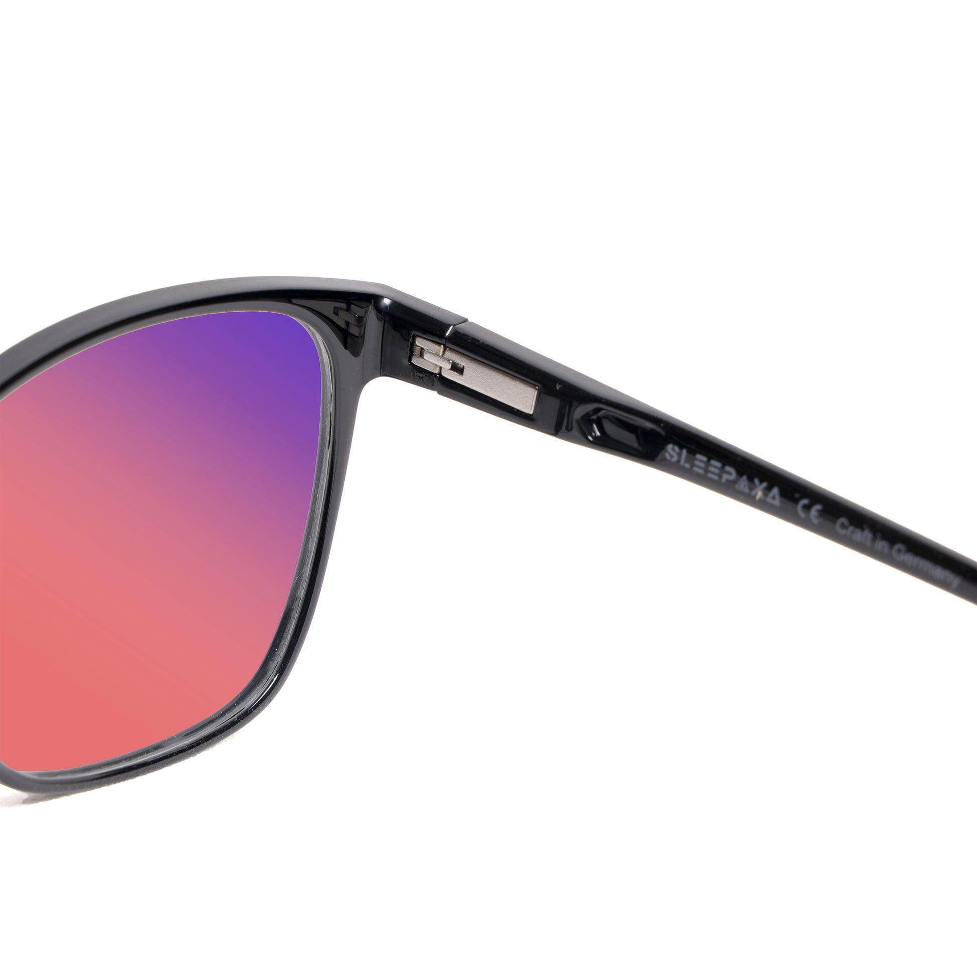 Inside Lense View of Sleepaxa Clarte FL41 Migraine & Light Sensitivity glasses with Cat Eye Shape Black frame, rose-tinted lenses, and high-quality tr90 temples for optimal comfort and durability
