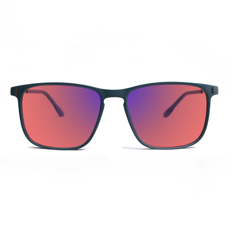 Top view of Sleepaxa Elegan fl41 glasses with Slate Matt Blue frame, sports-type temples, and rose-tinted lenses with blue block and blue anti reflection properties , designed with smooth high-quality TR90 frame material