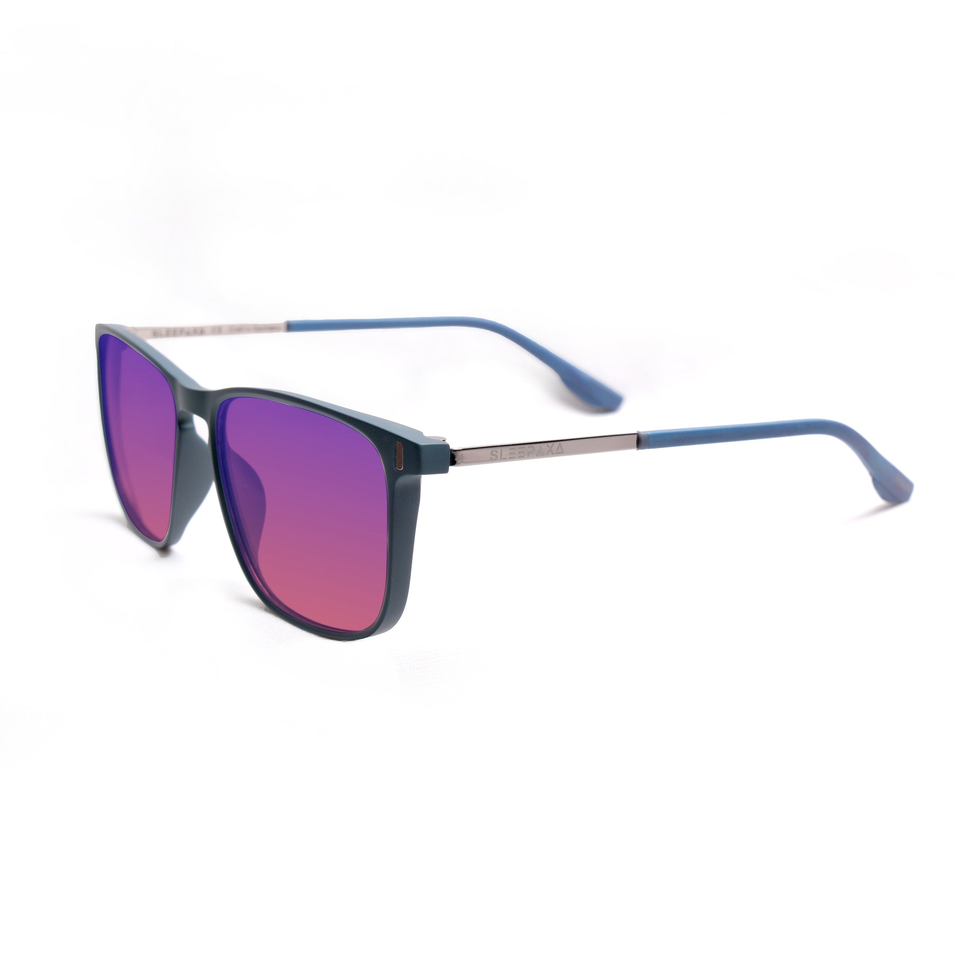 Side view of Sleepaxa Elegan fl41 glasses with slate blue frame, rose tinted lenses, metal temples, and long TR90 earpieces for enhanced comfort