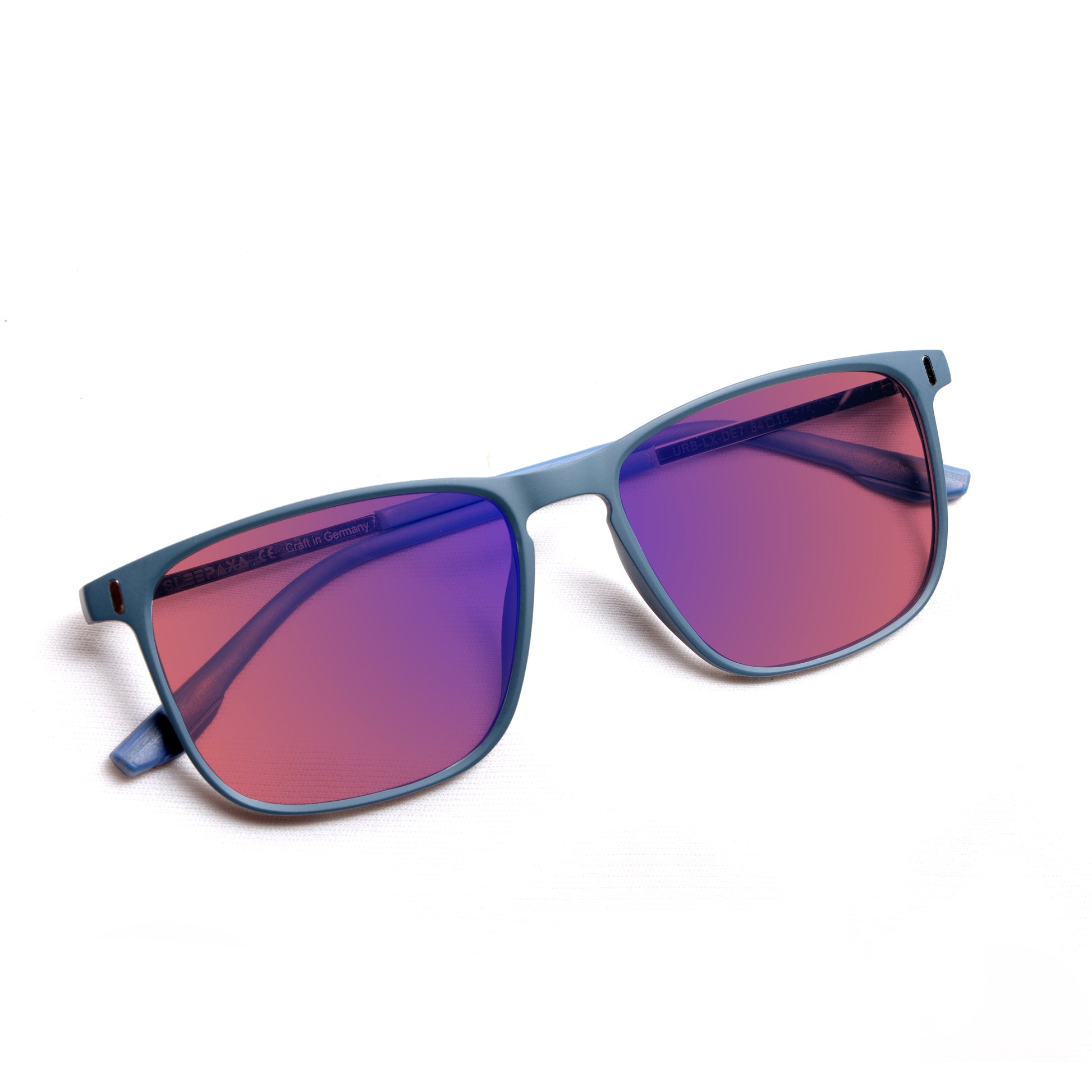 Top view of Sleepaxa Elegan fl41 glasses with Slate Matt Blue frame, sports-type temples, and rose-tinted lenses with blue block and blue anti reflection properties , designed with smooth high-quality TR90 frame material