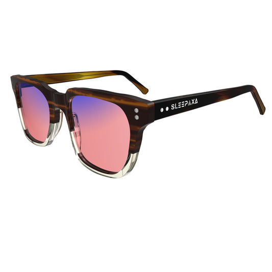 Side view of Sleepaxa Artisan Espresso FL-41 Migraine Glasses with Tiger Printed Brown frame, Acetate temples, and rose-tinted lenses with blue block and blue anti reflection properties , designed with smooth high-quality acetate frame material for Migraine & Light Sensitivity