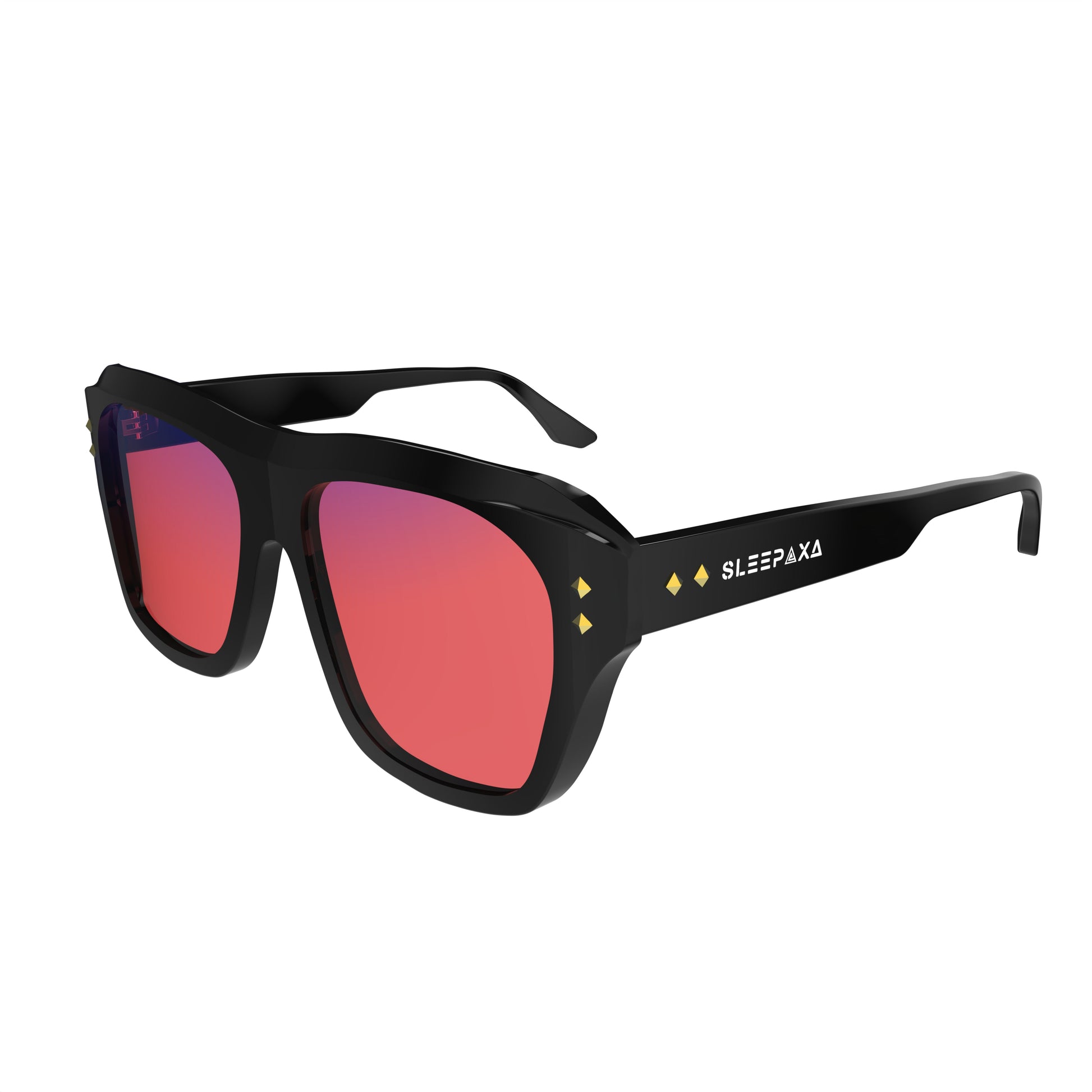 Side View of Sleepaxa Celestial FL-41 Migraine Glasses with black frame, Acetate temples, and rose-tinted lenses with blue block and blue anti reflection properties , designed with smooth high-quality Acetate frame material for Migraine & Light Sensitivity