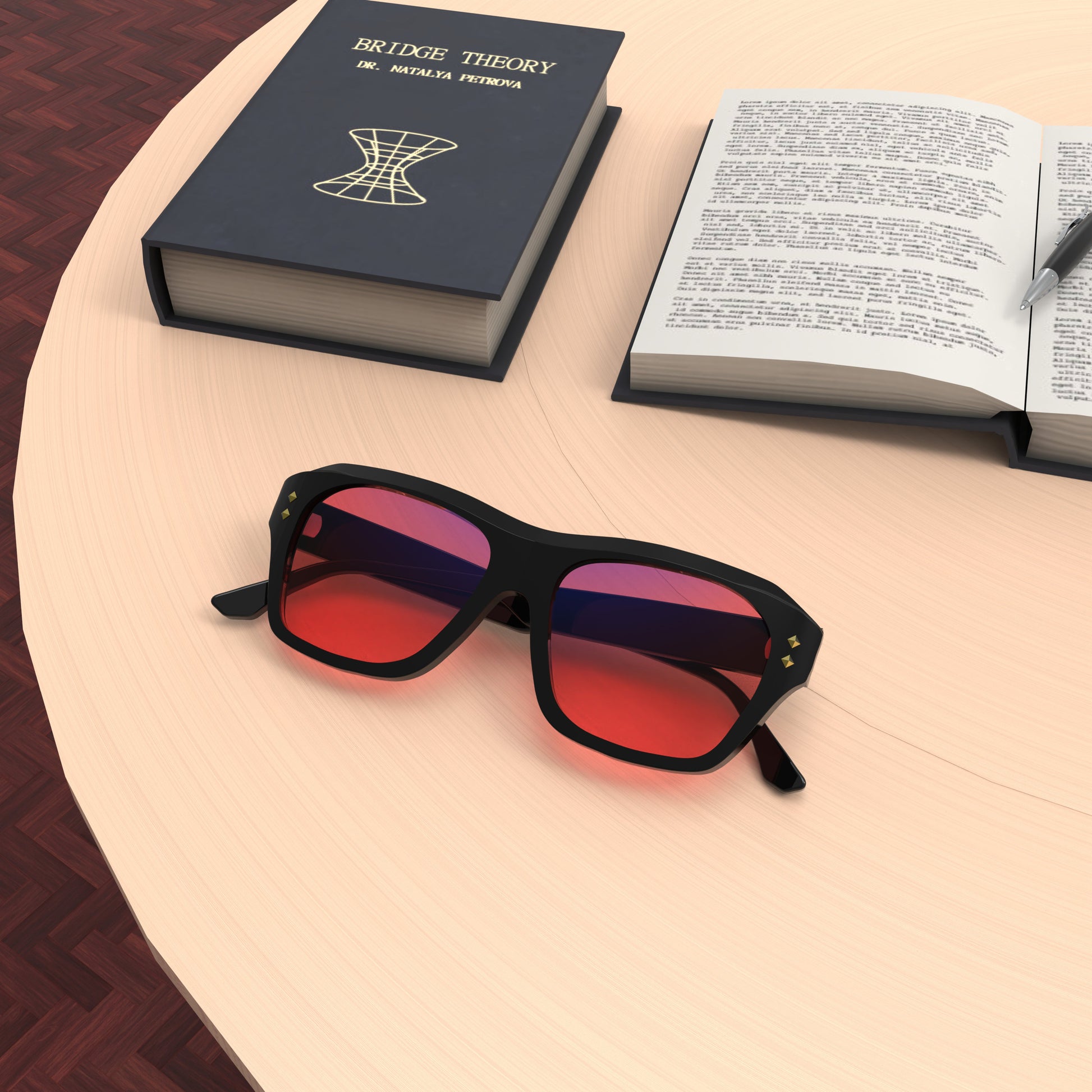 Lifestyle Lenses View of Sleepaxa Celestial FL-41 Migraine Glasses with black frame, Acetate temples, and rose-tinted lenses with blue block and blue anti reflection properties , designed with smooth high-quality Acetate frame material for Migraine & Light Sensitivity