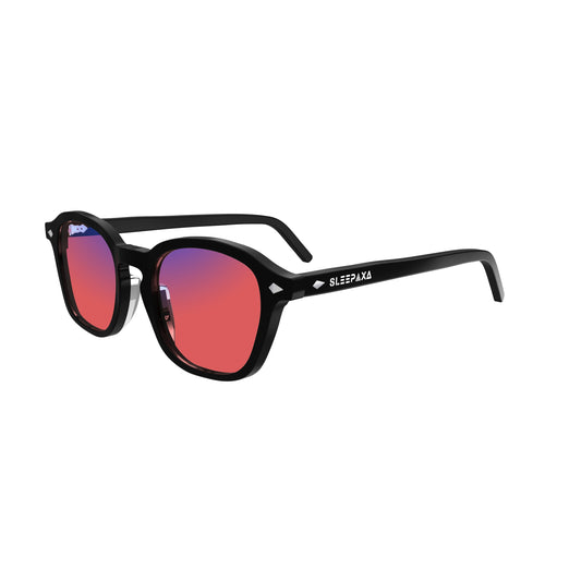 Side View of Sleepaxa Eclat FL-41 Migraine Glasses with black frame, Acetate temples, and rose-tinted lenses with blue block and blue anti reflection properties , designed with smooth high-quality Acetate frame material for Migraine & Light Sensitivity