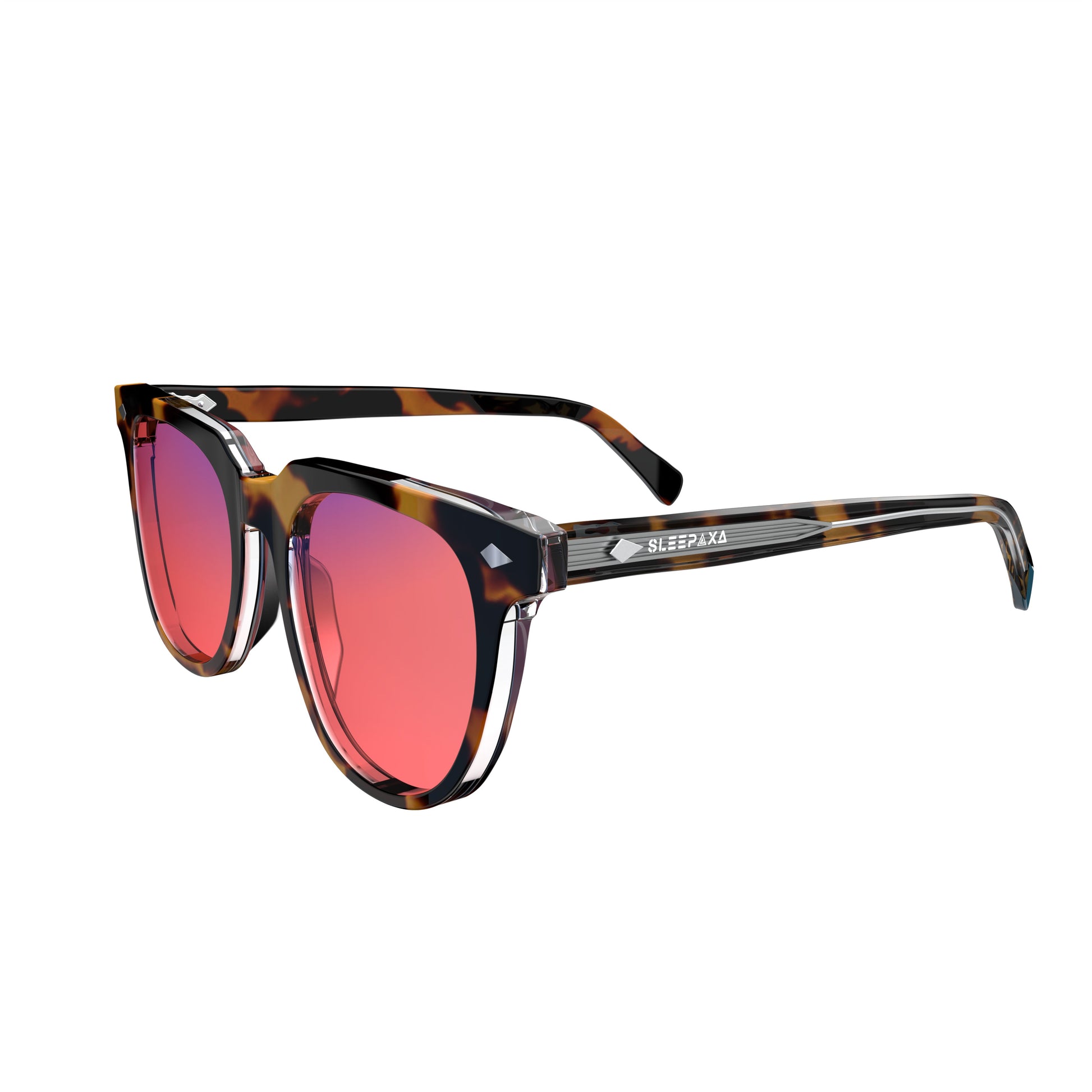 Side view of Sleepaxa Elixir FL-41 Migraine Glasses with Tiger Printed Brown frame, Acetate temples, and rose-tinted lenses with blue block and blue anti reflection properties , designed with smooth high-quality acetate frame material for Migraine & Light Sensitivity