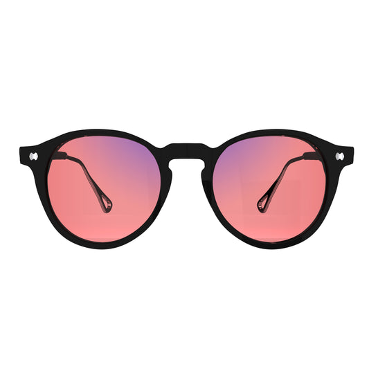 Front view of Sleepaxa Mosaic Drak FL-41 glasses for migraine and light sensitivity, featuring a round-shaped frame made from premium acetate, rose-tinted lenses, and metal temples