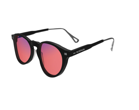 Side view of Sleepaxa Mosaic Drak FL-41 glasses for migraine and light sensitivity, featuring a round-shaped frame made from premium acetate, rose-tinted lenses, and metal temples