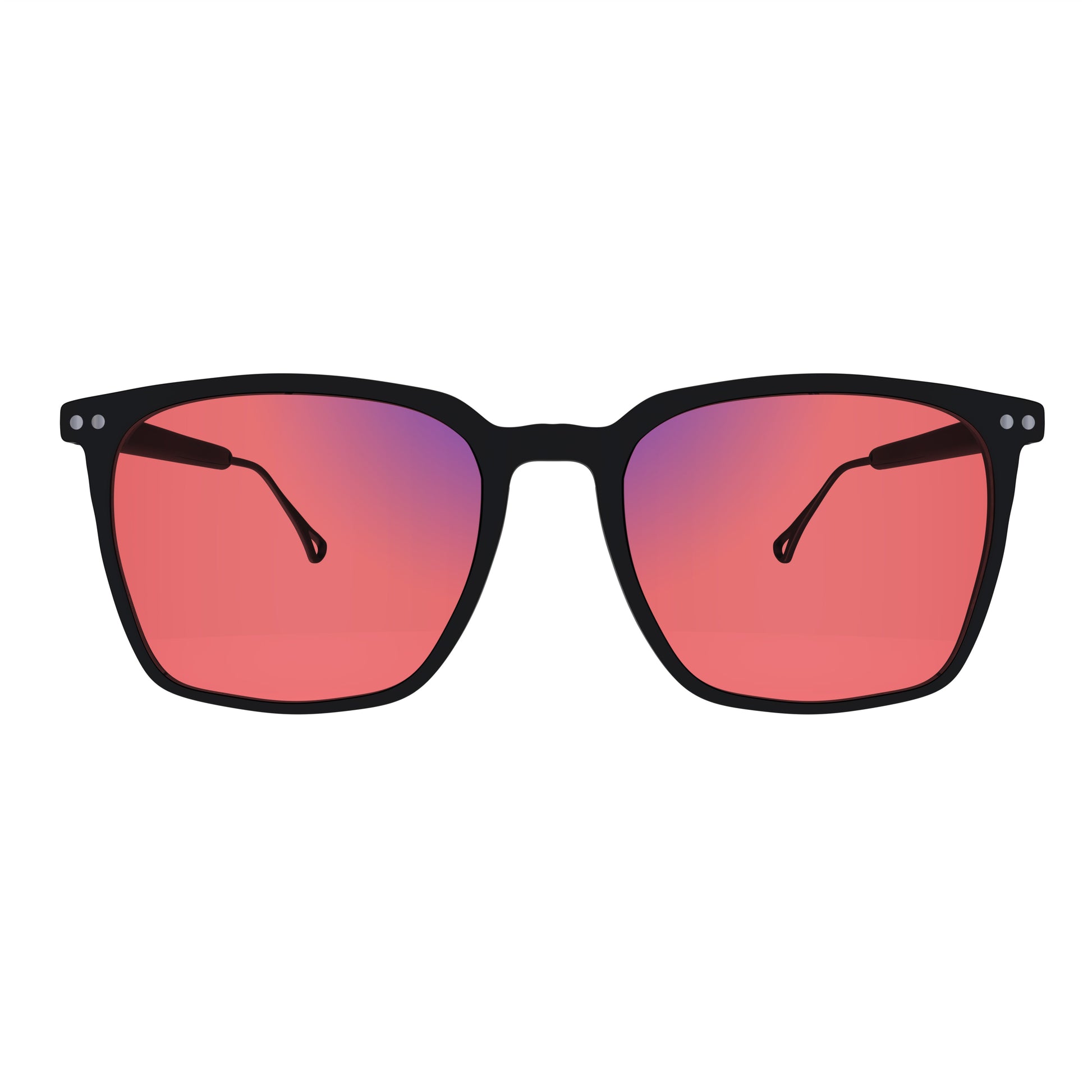 Front View of Sleepaxa Solstice FL-41 Migraine Glasses with black frame, Acetate temples, and rose-tinted lenses with blue block and blue anti reflection properties , designed with smooth high-quality Metal frame material for Migraine & Light Sensitivity