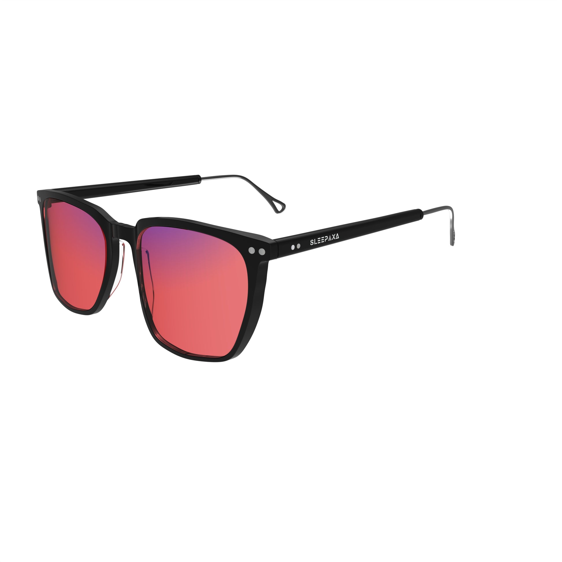 Side View of Sleepaxa Solstice FL-41 Migraine Glasses with black frame, Acetate temples, and rose-tinted lenses with blue block and blue anti reflection properties , designed with smooth high-quality Metal frame material for Migraine & Light Sensitivity